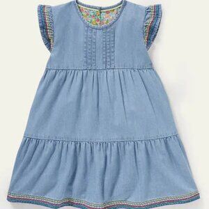 Mini Boden Denim Tunic Rainbow Stitch Detail Medium Blue Girls Size 5-6 (116cm)